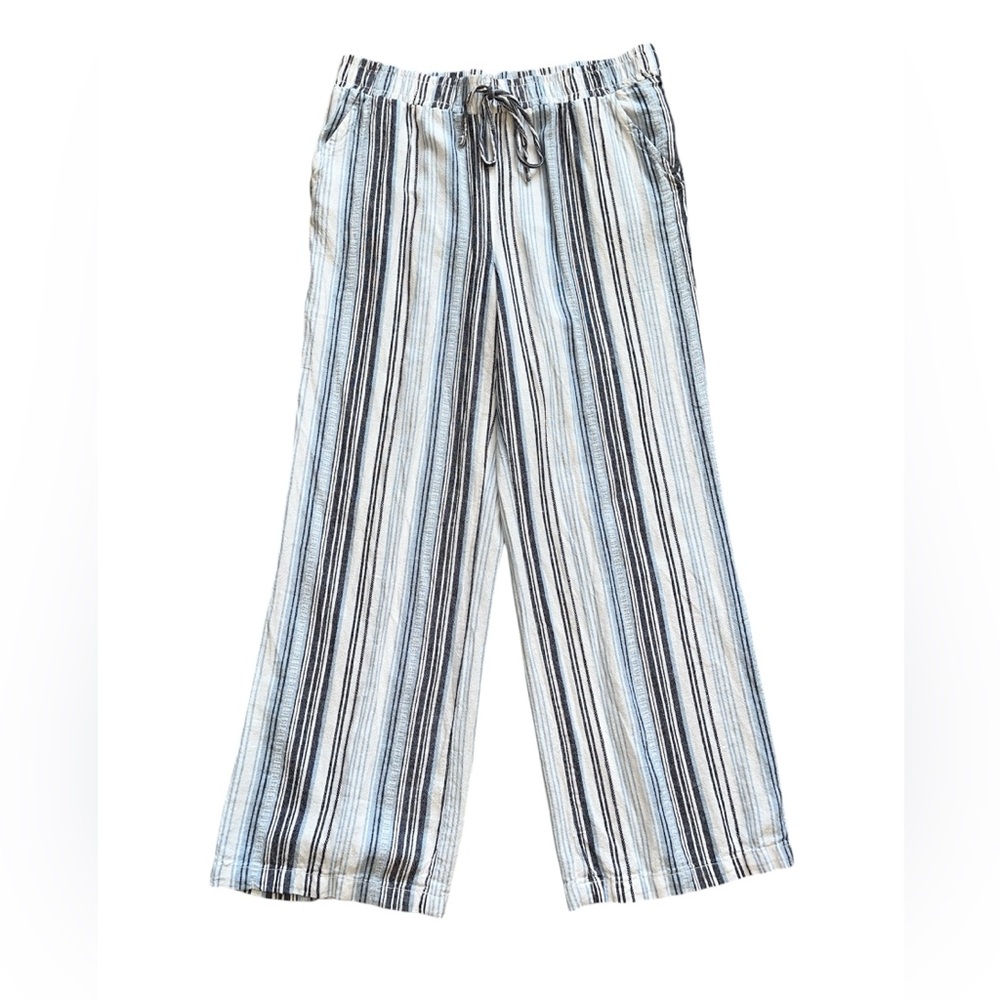 Briggs Linen Blend Pants Striped Blue White Size 16 Elastic Waist Womens